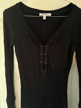 William Rast Black Ribbed Long Sleeve Henley with Gold-Tone Hardware